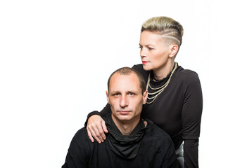 Close up portrait of beautiful happy couple, family. Stylish haircut. Man and Woman on White Background . Studio shot, Selective focus. Copy space for any design.