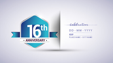16th anniversary invitation card for birthday celebration isolated in blue hexagon shape, vector design.