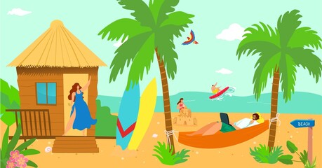 Obraz premium Young man work with computer, happy family beach vacation lifestyle vector illustration. Relax at holiday summer vacation, freelance work technology. Tropical travel for leisure, man use internet.