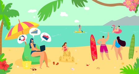 Woman freelancer with laptop computer at summer sea beach, vector illustration. Freelance business work at vacation travel lifestyle. Female girl relax with online job technology, happy holiday.