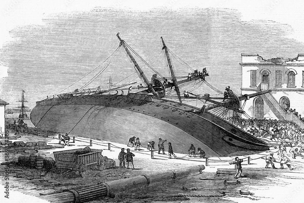 Poster accident to h.m.s. perseverance in woolwich dockyard, london, england. 1855. antique illustration. 1