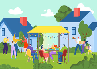 Summer grill party in garden nature, vector illustration. Happy people drink, eat barbecue food meat outdoors. Young man woman have fun at house backyard, cartoon family picnic concept.