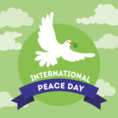 International Day of Peace lettering with dove flying and ribbon frame
