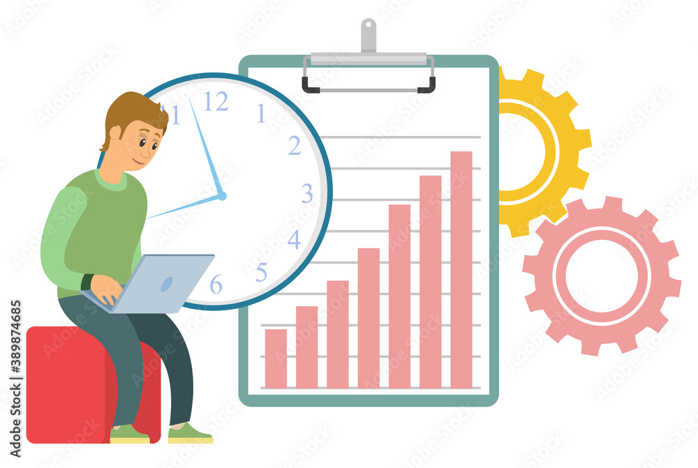 Poster man working with development of websites and webpages vector, man with laptop flat style. person wit