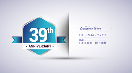 39th anniversary invitation card for birthday celebration isolated in blue hexagon shape, vector design.