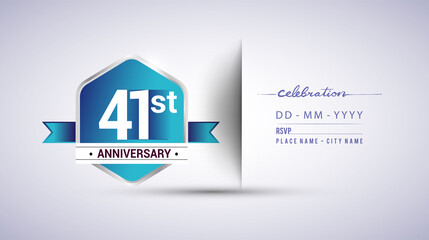 41st anniversary invitation card for birthday celebration isolated in blue hexagon shape, vector design.
