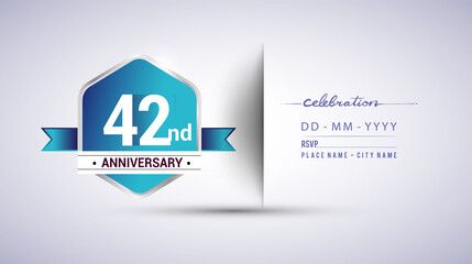 42nd anniversary invitation card for birthday celebration isolated in blue hexagon shape, vector design.