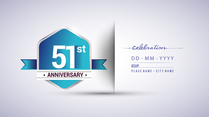 51st anniversary invitation card for birthday celebration isolated in blue hexagon shape, vector design.