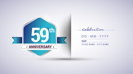 59th anniversary invitation card for birthday celebration isolated in blue hexagon shape, vector design.