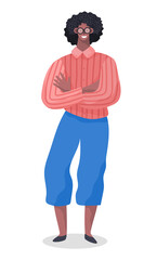 African american male character standing with his arms crossed, isolated object on a white background. Man in glasses wearing blue pants and pink striped shirt. Smiling guy with curly hair