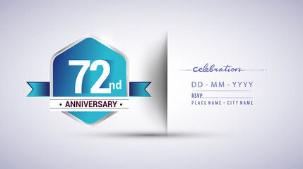 72nd anniversary invitation card for birthday celebration isolated in blue hexagon shape, vector design.