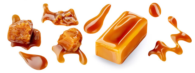 Caramel candy Collection. Golden Butterscotch toffee caramel with sweet sauce  isolated on a white background..