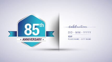 85th anniversary invitation card for birthday celebration isolated in blue hexagon shape, vector design.