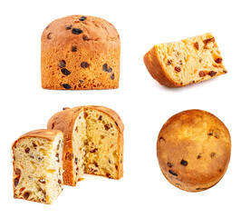 Christmas cake collection  isolated on white background. Panettone or Fruit Festive  cake Top view. .