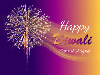 Happy diwali holiday greeting card for Indian traditional celebration of festival of lights. Firework with calligraphic inscription. Festive decor with bright pyrotechnics and fire. Vector in flat