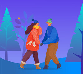 Man and woman on date in winter forest. People hold each other hands. Woman with footwear for skating. Landscape with fir trees, cold winter weather. Vector illustration of couple in flat style