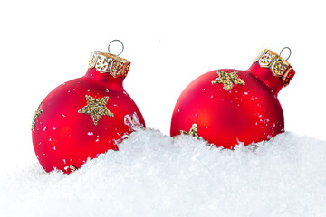 Red Baubles And Snow isolated on white background. Christmas, winter, new year concept.