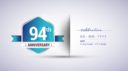 94th anniversary invitation card for birthday celebration isolated in blue hexagon shape, vector design.