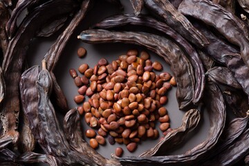 Carob seeds and pods