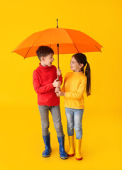 Cute little children in autumn clothes and with umbrella on color background