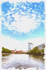 The city of Kaliningrad. Lighthouse in Fish Village. Imitation of oil painting. Illustration