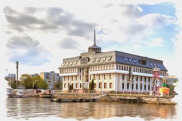 Obraz premium Administration of the seaport of Kaliningrad. Imitation of oil painting. Illustration