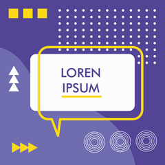 purple abstract poster with memphis banner in speech bubble