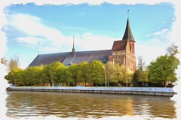 Kaliningrad. Cathedral. Imitation of oil painting. Illustration