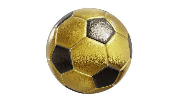 Realistic 360-degree seamless looping roll of the golden textured soccer ball rendered in UHD, alpha matte is included