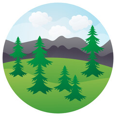 Fototapeta premium Mountains Hills Green Grass Tree Nature Landscape Sky and Cloud Concept Vector Icon Design, National Park Sign 