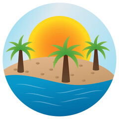 Fototapeta na wymiar Relaxation sunset on a beach landscape, River Bank with Palm Trees and Big Sun is rising behind Sea Sand Vector Icon Design, The Exotic Island Resort Sign 
