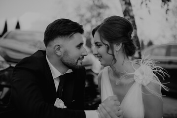 Bride and groom in a park kissing.couple newlyweds bride and groom at a wedding in nature green forest are kissing photo portrait.Wedding Couple