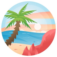 Fototapeta na wymiar Palm Tree and Sunset Concept Vector Icon Design in Round, Summer Activity Beach Landscape, 