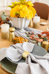 Beautiful table setting for Thanksgiving Day celebration in dining room