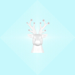 Contemporary collage. 3D illustration. Christmas background with a white deer whose horns are decorated with stars on a blue background.