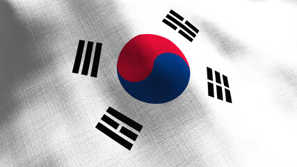 Fototapeta na wymiar South Korea waving flag. Seamless cgi animation highly detailed fabric texture in cinematic slow motion. Patriotic 3d background of country symbol or government concept. Sport competition backdrop.