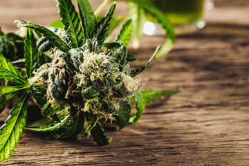 medical cannabis bud on wooden background. in the background in blur glass bottle with green herbal...