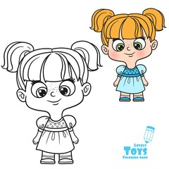 Cute cartoon girl boy in blue dress outlined and color for coloring book