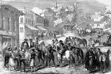 Horse bazaar at Constantinople, currently Istanbul, Turkey. Antique illustration. 1867.