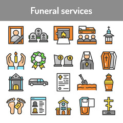 Funeral services color line icons set. Isolated vector element.