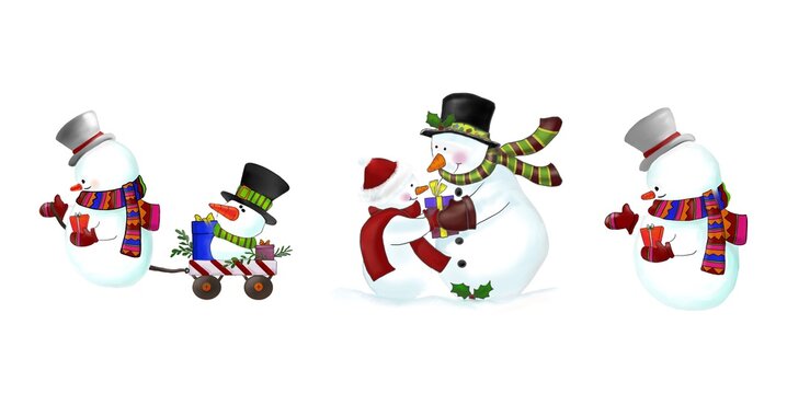 A set of three characters of snowman with the Christmas ornaments and staff as hat, scarf, gloves, gifts and cart. Digital hand drawn and painted, illustration image.