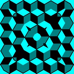 Escher style repeating cube pattern in shades of turquoise