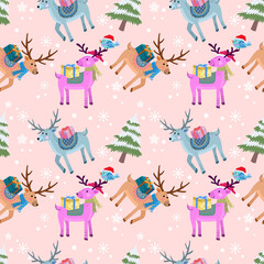 Cute reindeer wear Christmas hat with gift in winter pattern.
