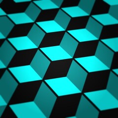Escher style repeating cube pattern in shades of turquoise