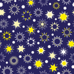 Vector seamless pattern with a variety of white and yellow stars and snowflakes on a dark blue background.