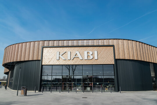 Neuville-en-Ferrain,FRANCE-January 16,2019:View of the building and the Kiabi brand logo.Kiabi is a French international network of retail companies specialising in ready-to-wear for the whole family.