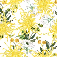 Fototapete Seamless pattern of hand drawn bright yellow chrysanthemums with green leaves in Japanese graphic style. © Iuliia