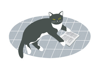 Cartoon cat lying on the oval carpet with an open book. Childish hand drawn illustration in gray colors. Cozy home illustration on the white background. Reading at home concept