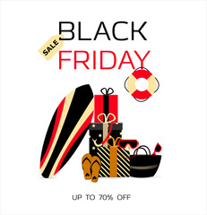 Advertising poster for black Friday. A store that sells products for the beach, surfing, diving, and scuba diving. Banner for discounts and sales. A poster with an inscription and a special offer of