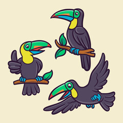 toucan bird is flying and perched on a tree trunk animal logo mascot illustration pack